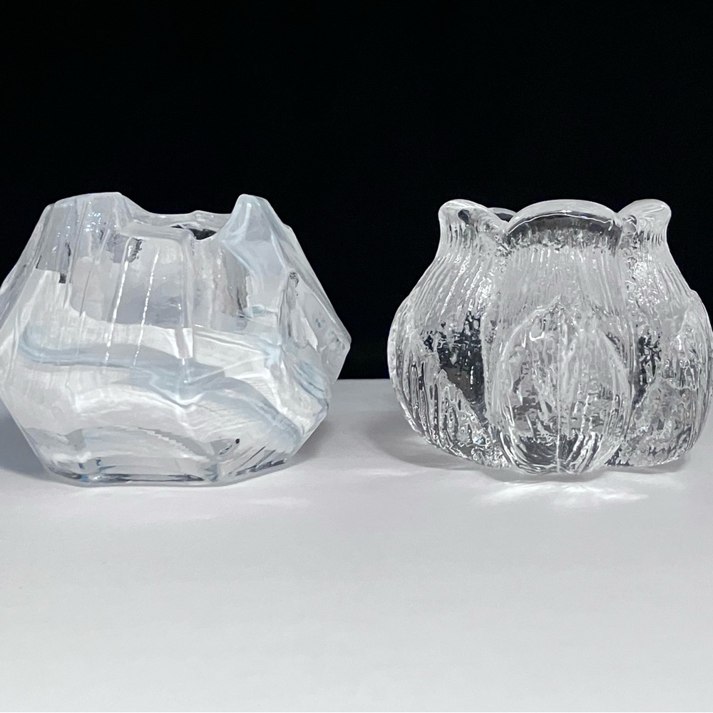 2 KOSTA BODA CRYSTAL Votive Candle Holders / MATS JONASSON Rosebud & ROCK SWIRL